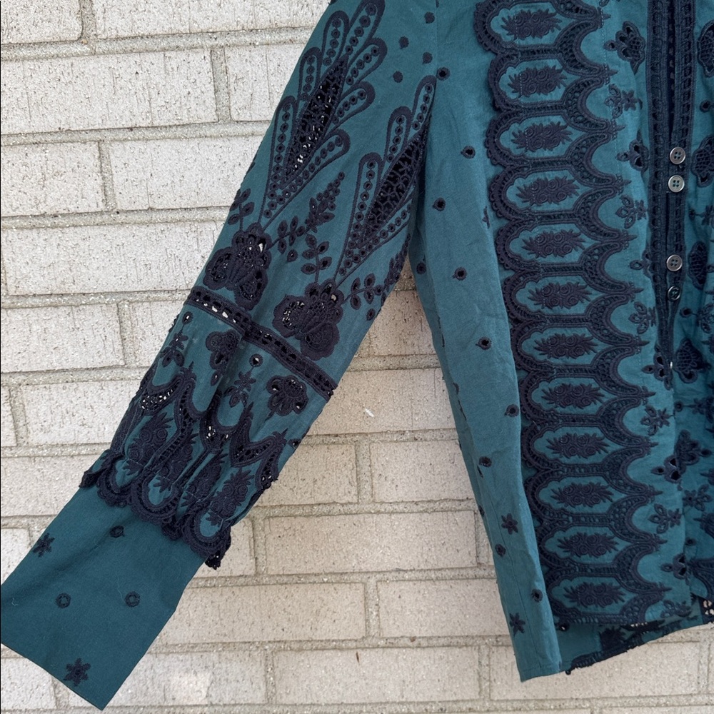 Sea New York Teal Embroidered Eyelet Button Down Long Sleeve Dress Blouse - Picture 3 of 5